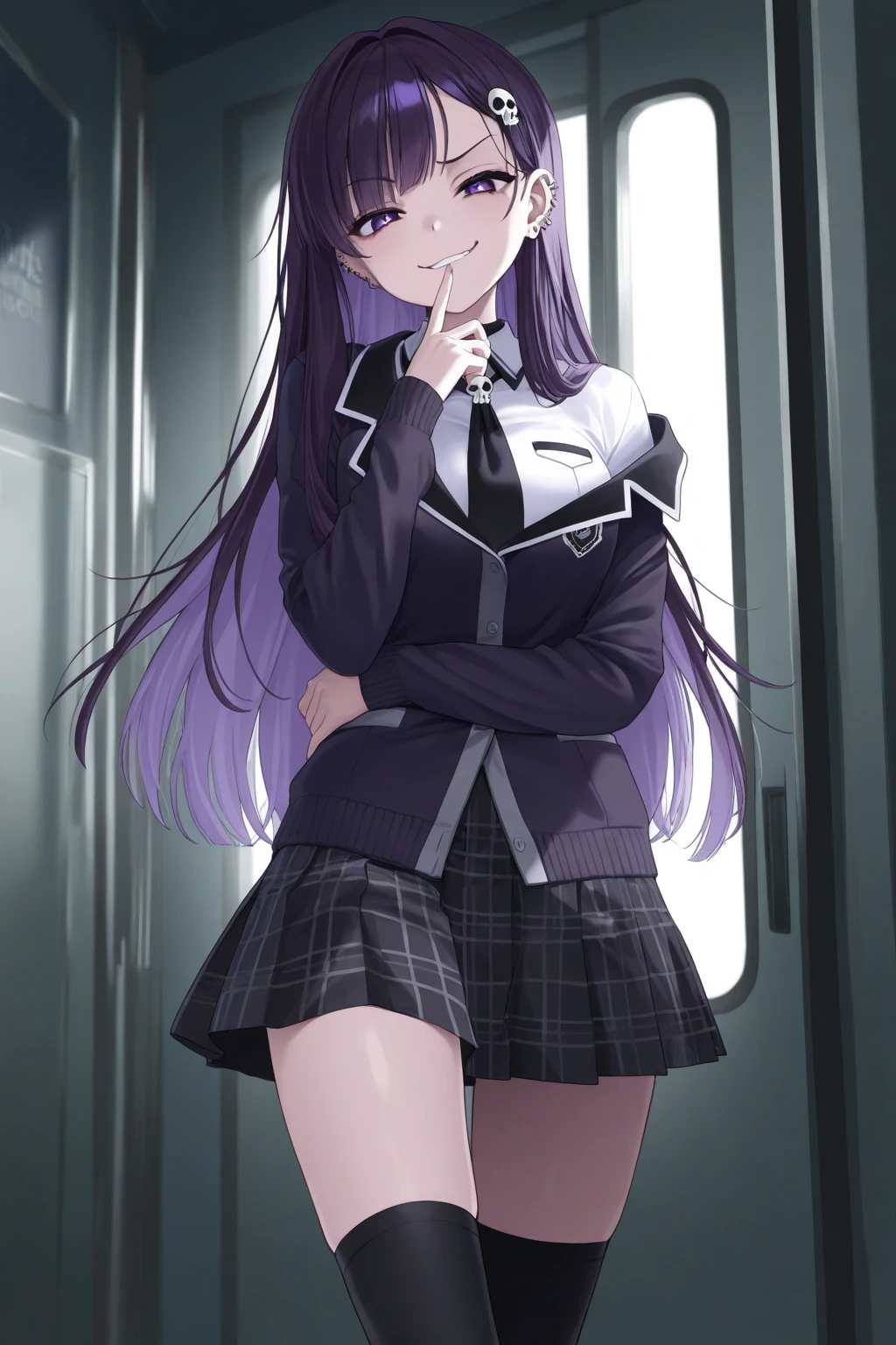 tall girl, PURPLE HAIR, horns on the head, blue eyes, purple military uniform, closed military jacket, office pants with skirt, smiling