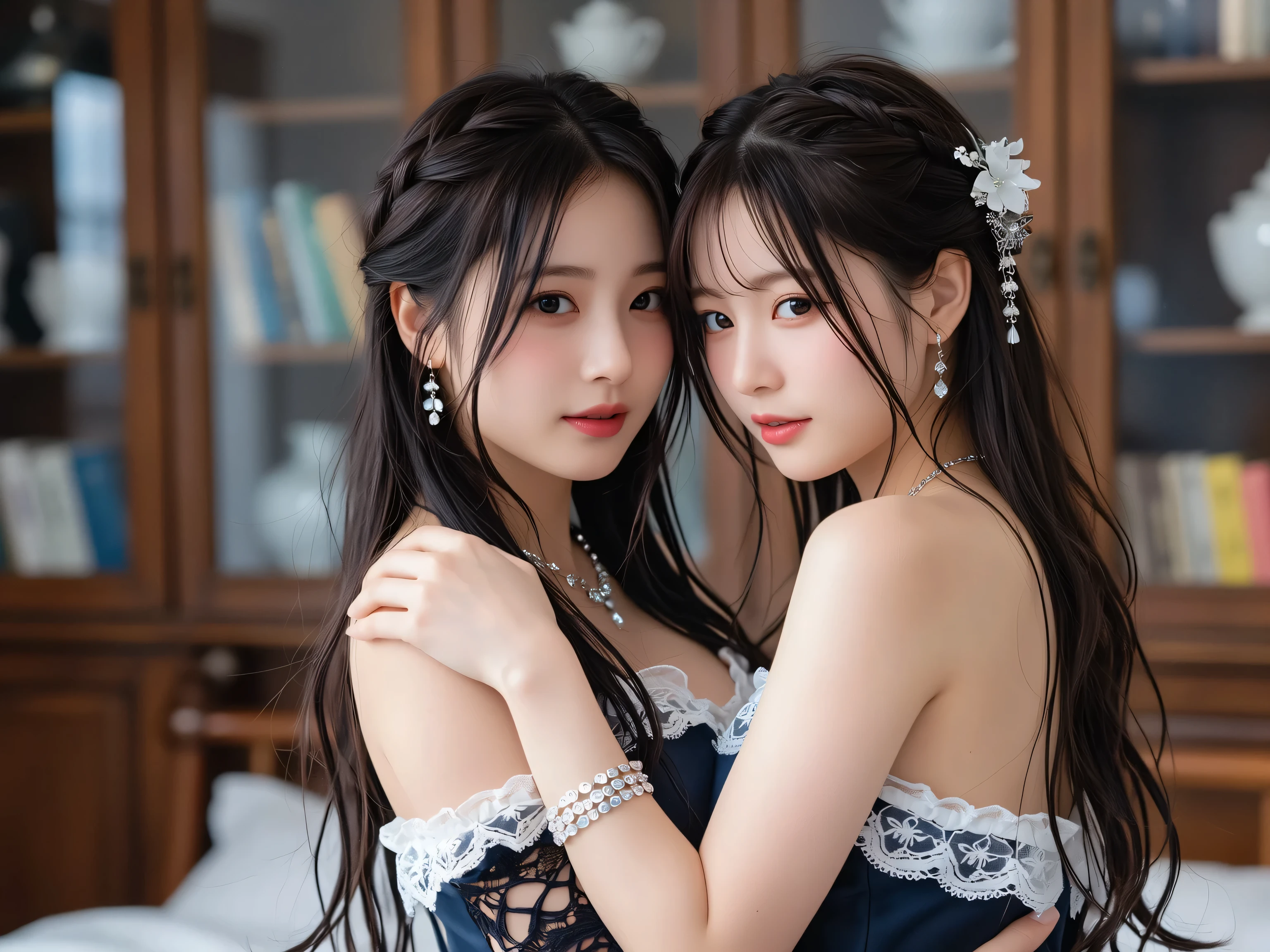 ((Angle of view that allows you to see the whole body)),((masterpiece)),((highest quality)),((8K)),((Ultra high definition)),((high resolution)),((detailed)),((Perfect body)),((Perfect Face)),((Two beauties)),((Lesbian))、((Two people kissing))、((Kiss with tongue out)),((huge breasts:1.3)),((Rubbing the opponent's chest)),Chinese Beauty、princessの衣装、Very dense makeup、Jet Black Hair、Shiny Hair、Glowing Skin、Super Straight Hair、Long Hair、Bedroom、royal palace、Luxurious and gorgeous、Gorgeous hair ornament、gold、Lying down、Royal Family、Yang Guifei、princess、