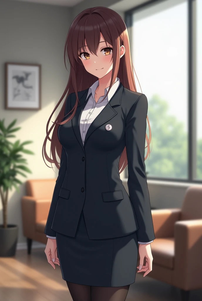 masterpiece, best quality, 1 girl, solo, teenager, large , light brown eyes, bangs, brond hair, braids hair, office staff suit, jacket, pencil skirt, upper body, standing, office