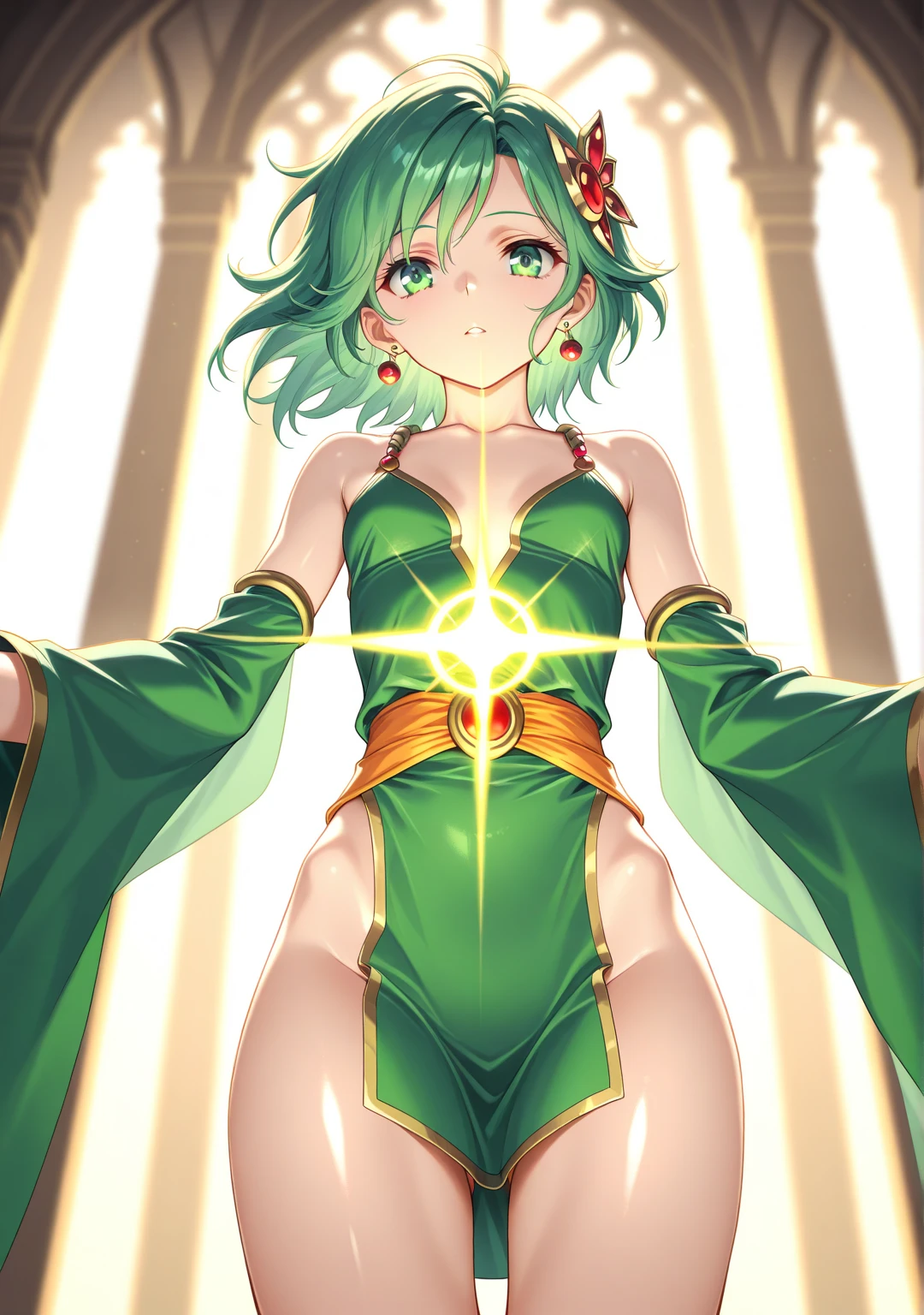 (High resolution)、((The girl is standing))、((Emotionless, blank eyes、Expressionless)), (Magic Warrior)、(FINAL FANTASY 6_Tina)、low length、(thin)、((5 years old girl))、(Transparent fair skin), (((child girl)))、Wavy、(Green Hair)、ponytail、Purple scrunchie、((Forehead))、Big eyes、Grey Eyes、purple shoulder armor protector, (Red leotard)、A transparent light purple cloth is wrapped around her waist.、red wristbands、(covered ???????), ((Angle from below1.4)), Covered navel、(Thighs), ??????、(Red Armor Boots)、(Angle from the bottom of the girl), 1boy, ((A boy lying at her feet exposing his ??????)), (at a research facility)、((Colorful ????? of light appear all around))、((Cast magic on the ?????))、(((?????))), (((eject ???))), 