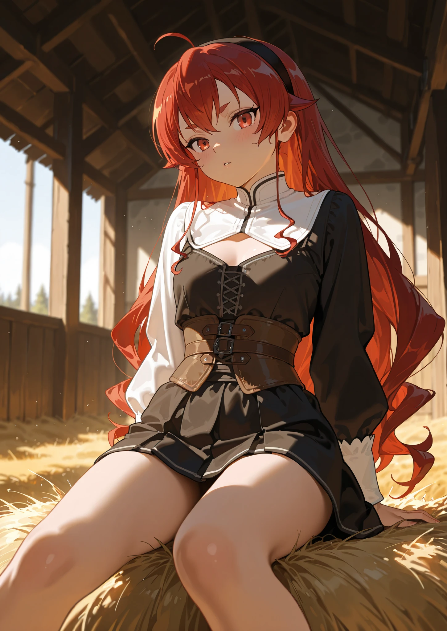 ((masterpiece,Highest quality:1.3)),1woman,30 year old beauty,独奏,((very small head:1.3)),red hair,long hair,blunt bangs,red eyes,gorgeous eyes,shy,medium breasts,((very long body:1.3)),((toned body,slender body,)),skinny,gleaming skin,shiny skin,sweat,((Red pleated )),(White tube top、navel、bara shoulder, white_thighhighs),((Red ))、Casual wear、sitting,rural area、sunny、Medieval Europe、