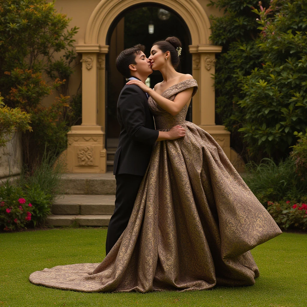 ((Best quality, 8K, Masterpiece :1.3)), One elegant older man surrounded by a  woman in the palace on a plush rug: 1.3, (Classy attire, hourglass figure: 1.3), Long, wavy hair: 1.2, Intimate embrace: 1.4, Ultra-detailed  features, captivating eyes, slight blush on cheeks, indoor setting

(Lifelike, high resolution: 1.3), One sophisticated older man engulfed by a  woman in the palace room on a luxurious carpet: 1.3, (Form-fitting attire,  curves: