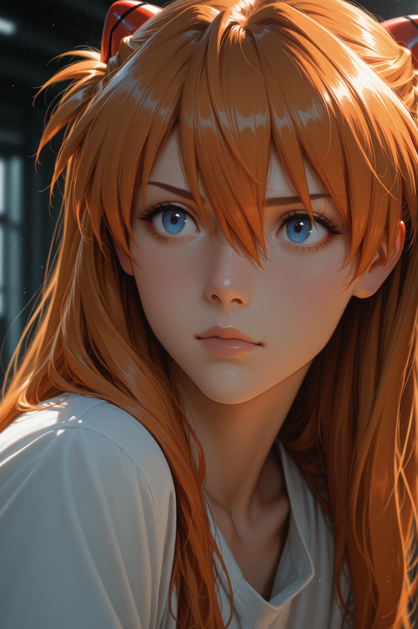 makima with the face of Margot Robbie\ (chainsaw man\), best quality, ultra detailed, 1girl, solo, standing, red hair, long braided hair, golden eyes, bangs, medium breasts, white shirt, tie, look, smile, (bad: 1.2), looking at the viewer, (interview: 1.3), (dark background, chains: 1.3), from above, sharp contrast, beautiful detailed eyes, focus, close up shot