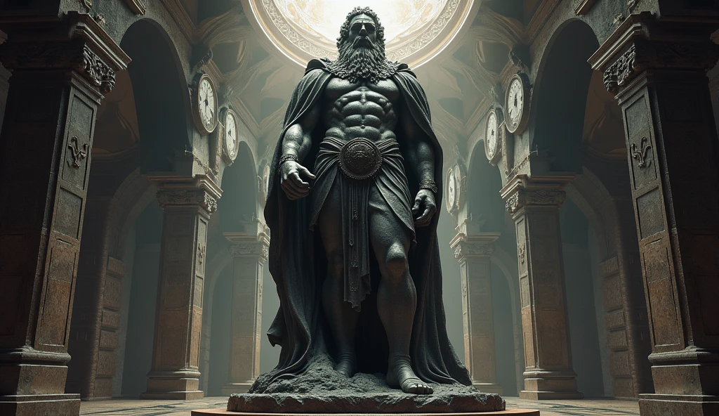 Paint an evocative 8K image portraying a revered Greek philosopher from the 3rd century BC, immortalized as a statue reflecting the epic aesthetic of 'God of War'. Position the statue in an ambiance drenched in suspenseful darkness, its surroundings softly blurred to magnify its presence. Utilize grandiose lighting to cast intricate and engaging shadows, igniting the spirit of an epic adventure.