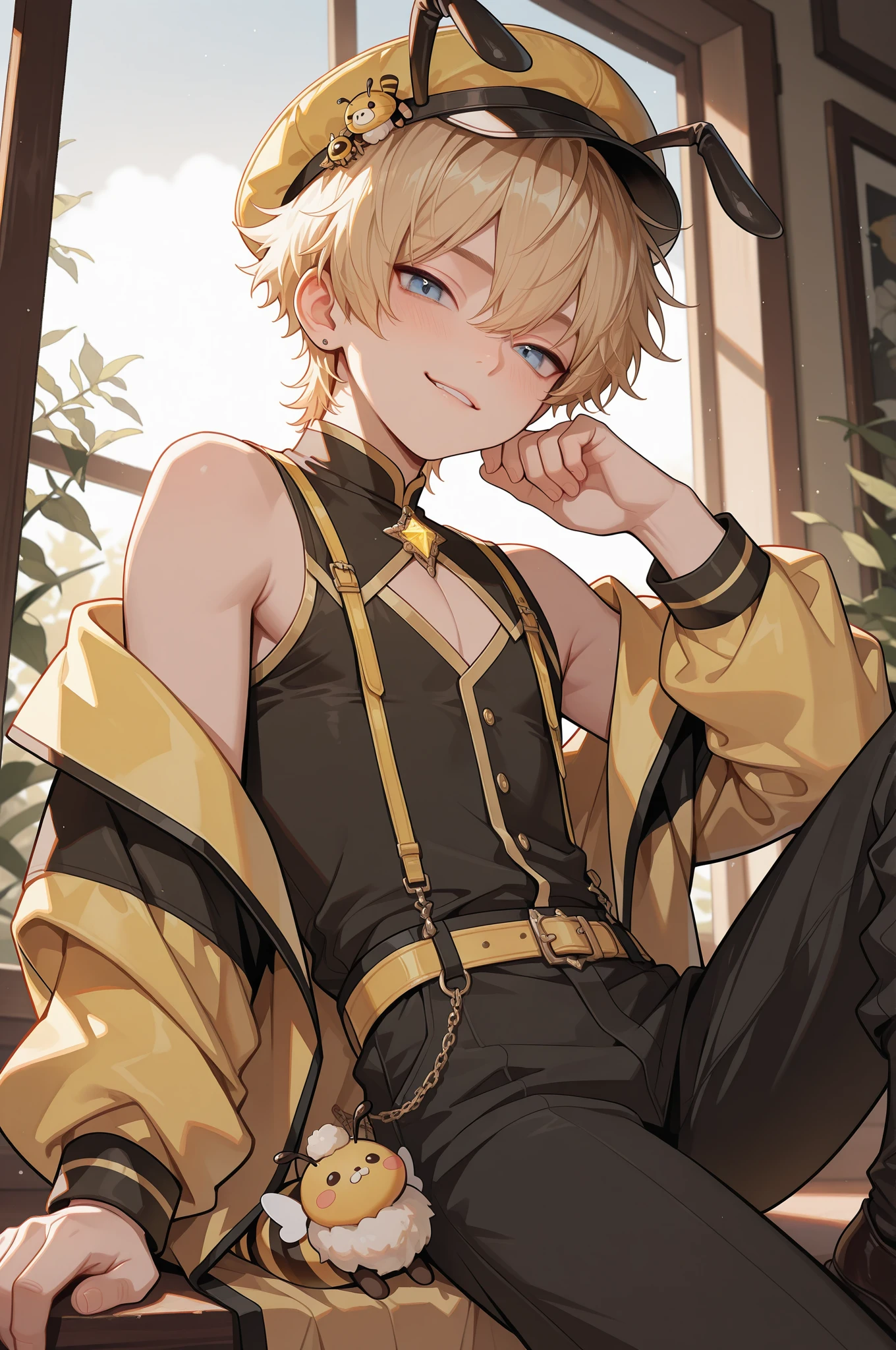 lemon_magician_girl as a Boy, Blonde hair , Yellow Clothes , Smile , Cute , ((Tan skin:1.6))
