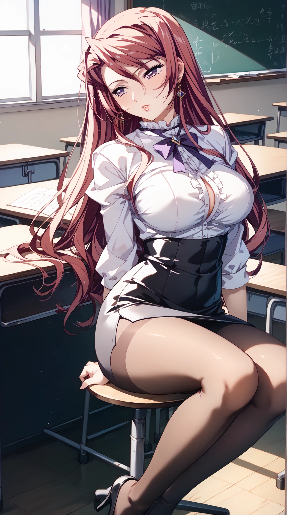 Nino Nakano, blue eyes, Say goodbye to hair accessories,  (chest comes out),BREAK looking at viewer,indoors, classroom,break (table top:1.2), highest quality, High resolution, unity 8k wallpaper, (figure:0.8), (beautiful and fine eyes:1.6), detailed face, perfect lighting, Highly detailed CG, (perfect hands, perfect ),big breasts,woman ,irritated expression,((white )),Lift the shirt,show your chest,(),Kneeling,open your legs