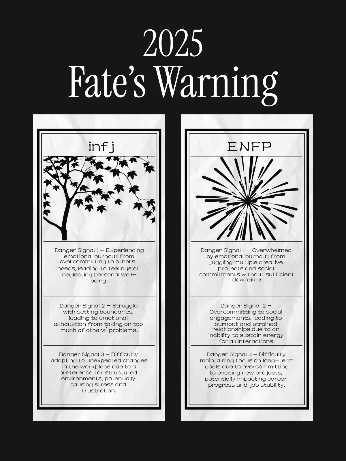 Step into the future with Fate’s Warning and uncover the hidden challenges that await you in 2025. By simply entering your MBTI personality type, you’ll receive a personalized “warning” that reveals the three key dangers you might face in the coming year. Each warning is uniquely crafted to align with your personality traits, providing insightful glimpses into potential emotional, social, and professional struggles.