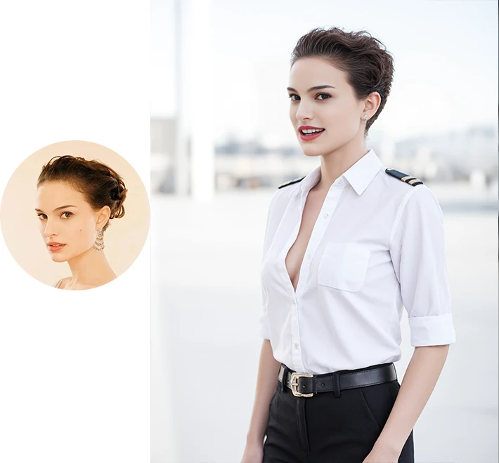Upload a photo and get a picture of a beautiful girl wearing an aviator button-down shirt

<br>Upload a photo，Get a pretty girl in a pilot button-up shirt