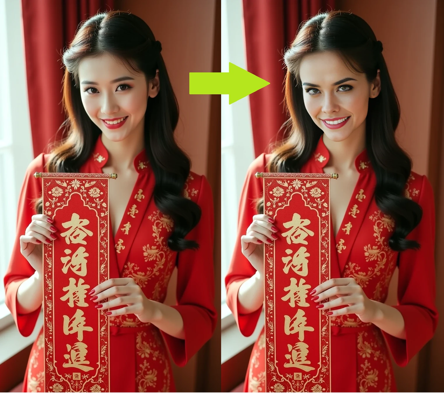 ** I don't understand why my previous AI app is covered by my new one. i uploaded my previous ones again and you can find it in my personal center, thank you.**<br><br>This is using FLUX and ReActor Fast Face Swap.<br><br>Select a clear view of face photo and you can get the photo in Chinese New year with holding spring couplets.<br><br>You can modify the prompt as you like and the ratio of photo.<br><br><br><br>
