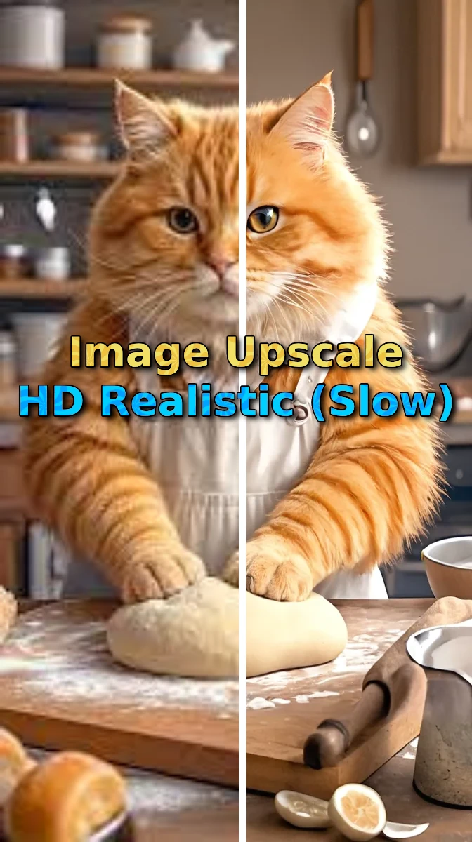 This upscaler will 4x your image and will fix details. This was tested on a  168x299 image (left) and upscaled it to 672x1200 (right). The larger your image, the longer it will take.