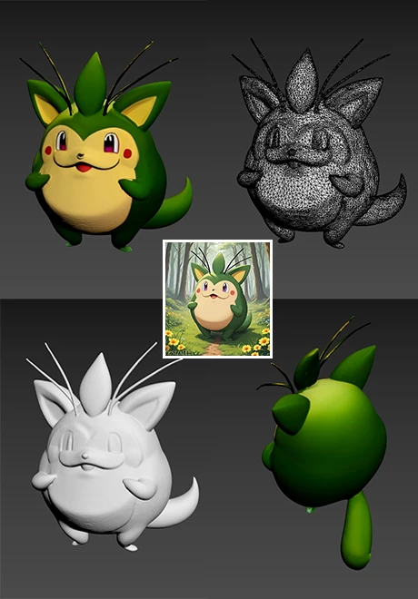 1. Upload pictures;<br>2. Select the format for exporting the model;<br>3. Click Create;<br>Model format selection: 1=glb; 2=obj; 3=stl, choose the appropriate format according to your needs;<br>The number of model faces is controlled at 50,000 triangles, UV is also automatically developed，which can be used for 3D printing, animation production, and games (of course you need to retopology)