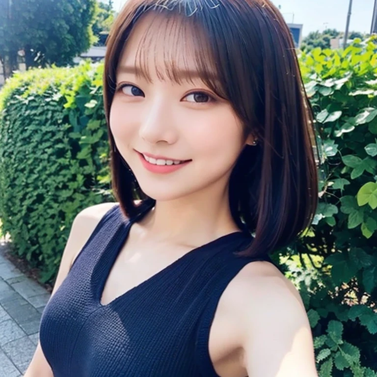 masterpiece, Highest quality, Photorealistic, Super Detail, finely, High Resolution,  8k, professional, High level of detail, Everlasting Summer Paradise , Blue Sea,  blue sky, 1 girl, 10th Generation, bob cut,  dark brown hair,  skinny Japanese woman, (( face the front)),  above the waist, black tank top, perfect face, straight hair, ( looking at the camera with a smile )
