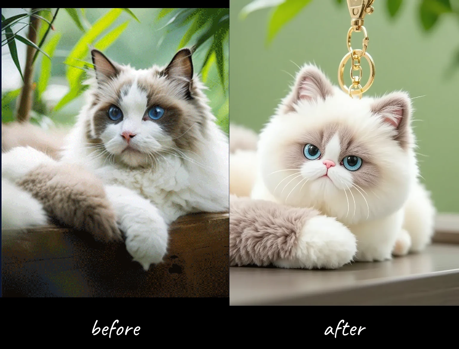 ✨ Just upload a photo of your pet, and the AI model will automatically generate a plush keychain design, 
<br>✨  from the round shape to the soft touch, perfectly replicating the cuteness of your pet! 