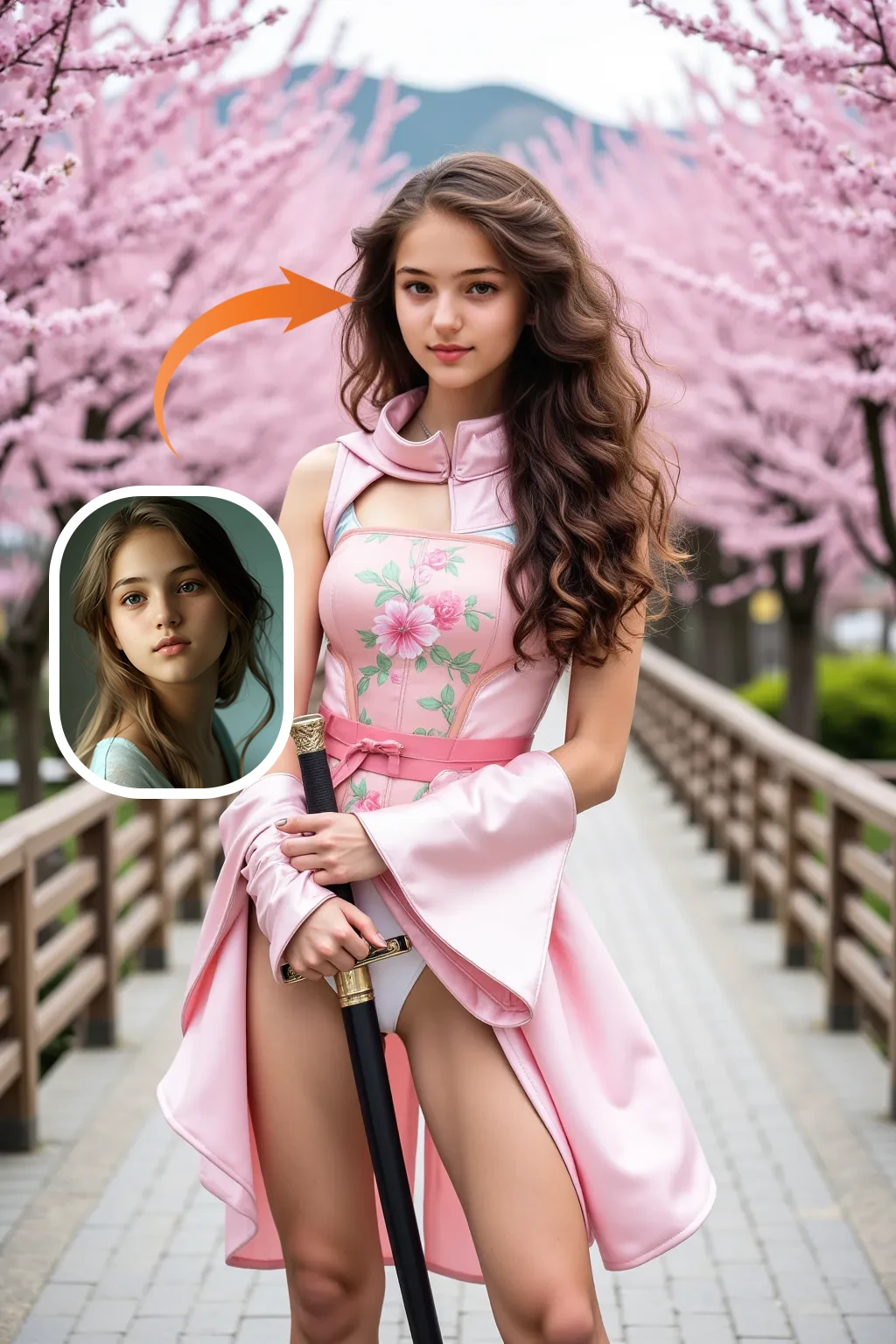 Female ninja under the cherry blossom tree