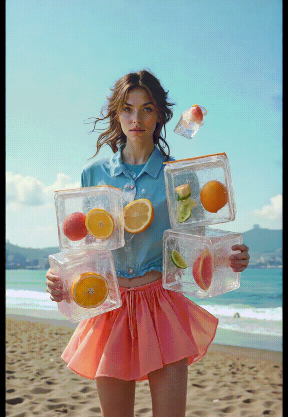 AI视频：身上有水果冰块的女孩
