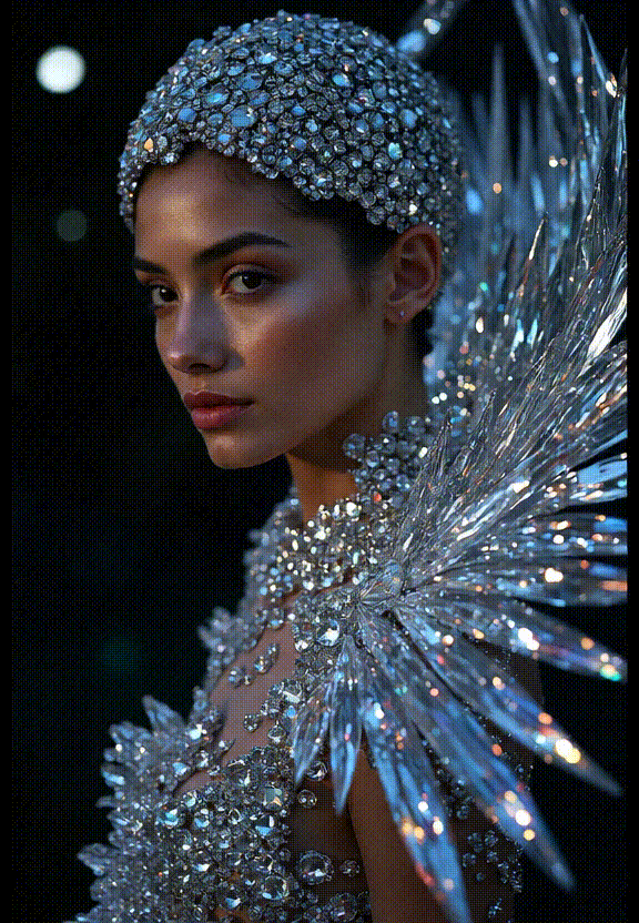 Video AI：Gadis dengan pakaian yang dihiasi dengan banyak berlian