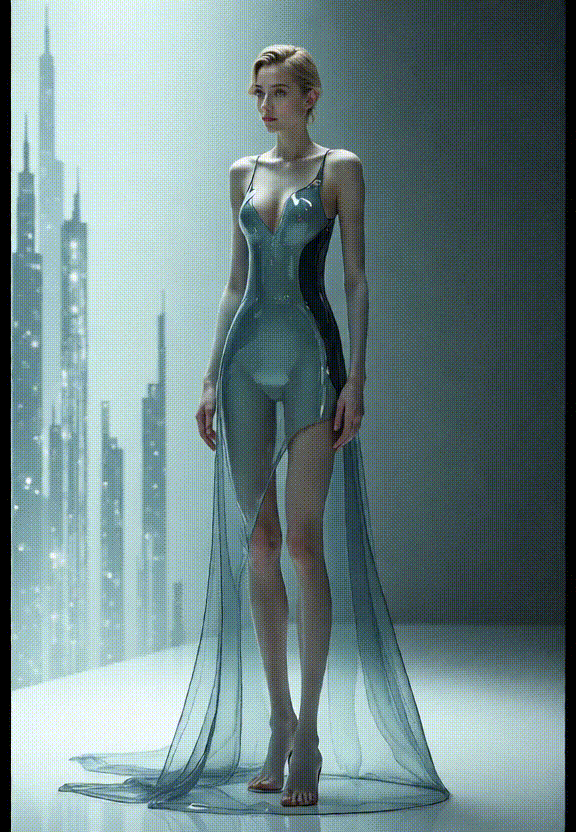 Vidéo IA：Une grande fille vêtue d'un costume en verre