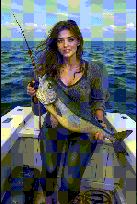 video dinámico de ia：La chica que pescó un pez grande en el mar