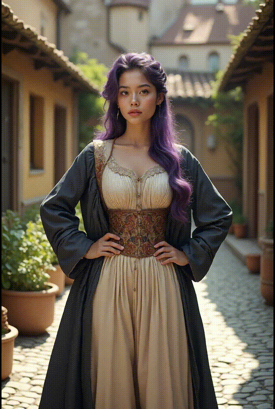 فيديو الذكاء الاصطناعي:فتاة في ملابس بيئة العصور الوسطى القديمة