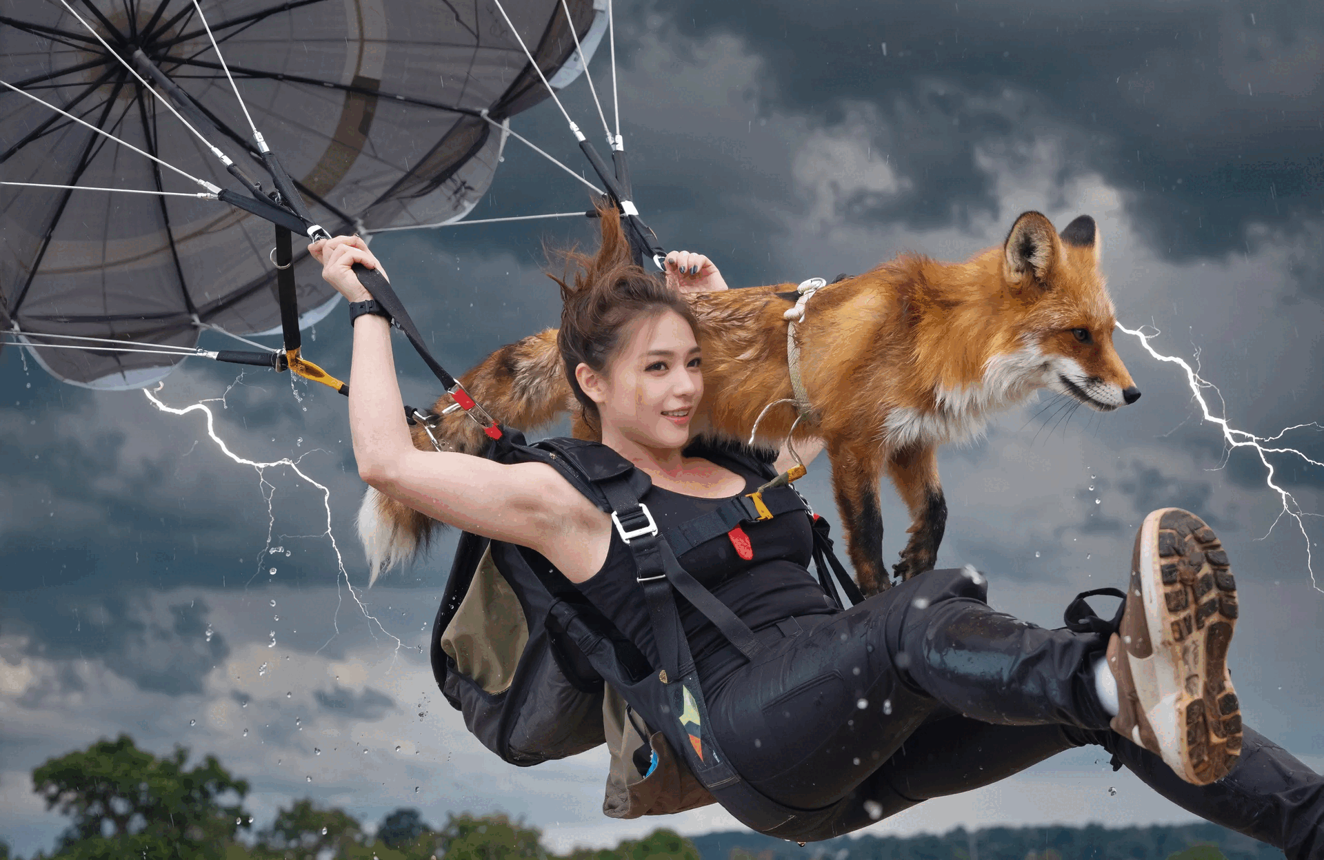 Pular de paraquedas com seu animal de estimação em um dia chuvoso
