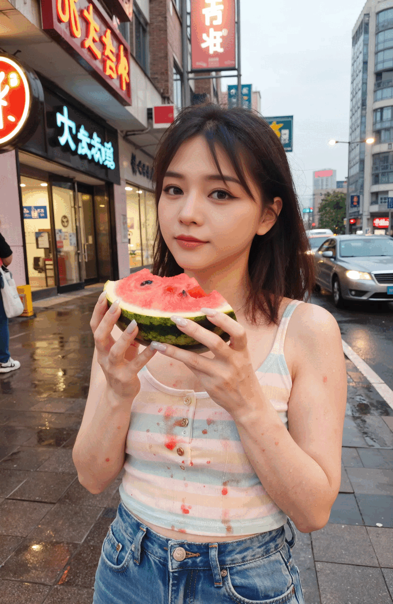 西瓜を食べる狼狽した少女