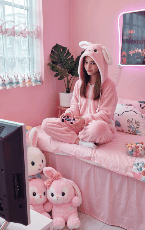 粉红兔子女孩的庆祝