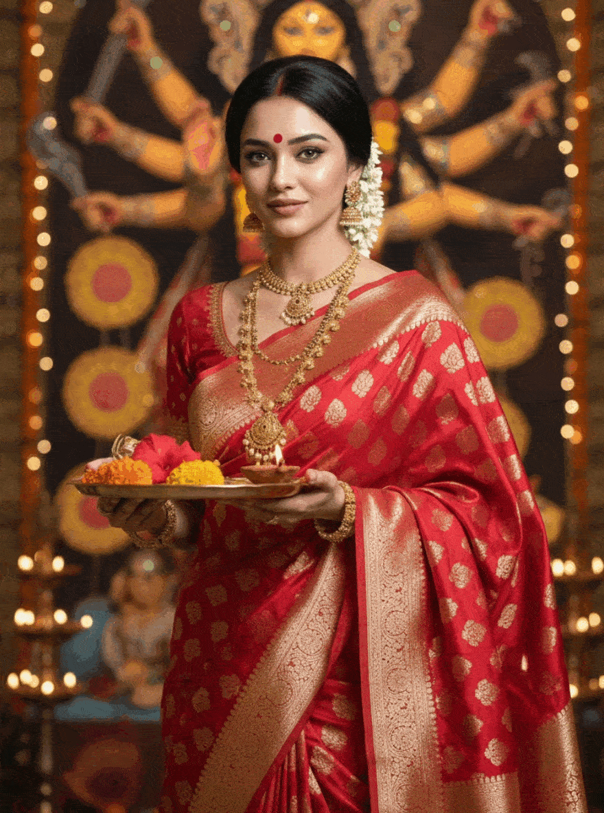 Mirada viral perfecta del sari de Durga Puja Mujer