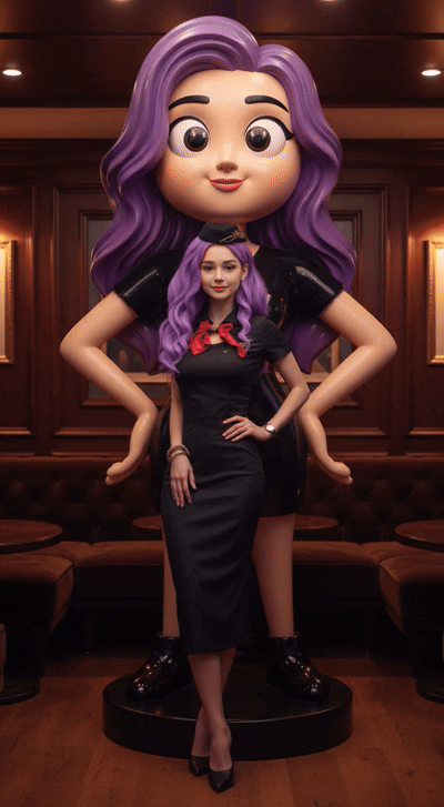 美女与巨型3D手办互动