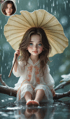 Fröhliche kleine Figur im Regen