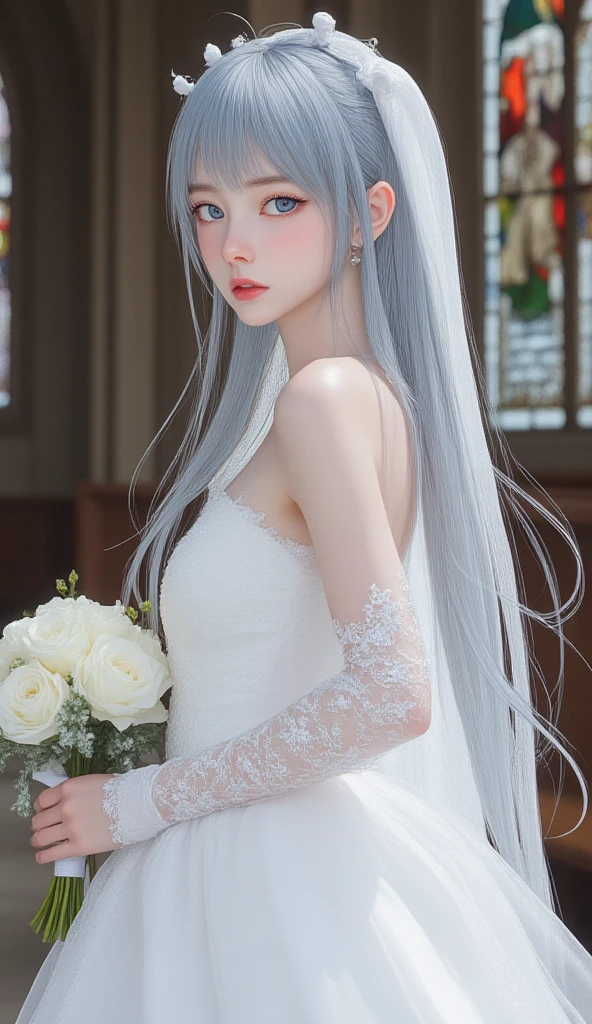 from front, portrait, from above, High resolution, high definition, ultra detailed, 4k, 8k, super masterpiece, BJD and a small white mouse are staring at each other, BJD is modeled after a beautiful 18-year-old woman, life size, Joints in the body are mechanical, BJD are battery powered, BJD are beautiful like sculptures, Hard white porcelain skin that shines white, BJD is sitting on a chair and looking at a white mouse, no makeup, white chignon hair, large glass eyes, Sleeveless white off-shoulder dress with elegant drape and beautiful embroidery, bisque doll, The white mouse is so small that she can wrap it in her hands, The small white mouse stands on two legs on the table, Beautiful fur of a realistic small white mouse, dreamy, aesthetic, gothic style, fantasy,
