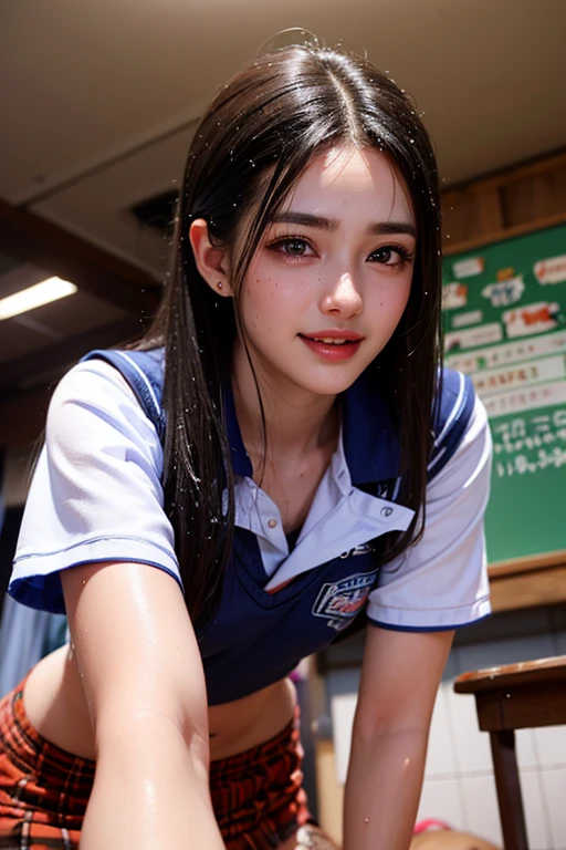 (a gorgeous lady, age 21, Flight Attendant uniform, Shenzhen Airlines Stewardess, wet white shirt, wet red , kneeling in jacuzzi, dimpled smile, short ponytail hair, short bob hair, cute snaggle-tooth, well-endowed round , long flawless legs, photorealistic, beautiful detailed eyes, beautiful detailed face, hyper-realism, high contrast, ultra HD, realistic skin textures, top image quality, top-quality, super high resolution, fine details, very meticulously, close-up shot, head to thigh, masterpiece, romantic night, dark bokeh background)