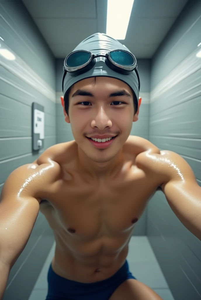 male Age 30 swimwear lifeguard  smile in the evening