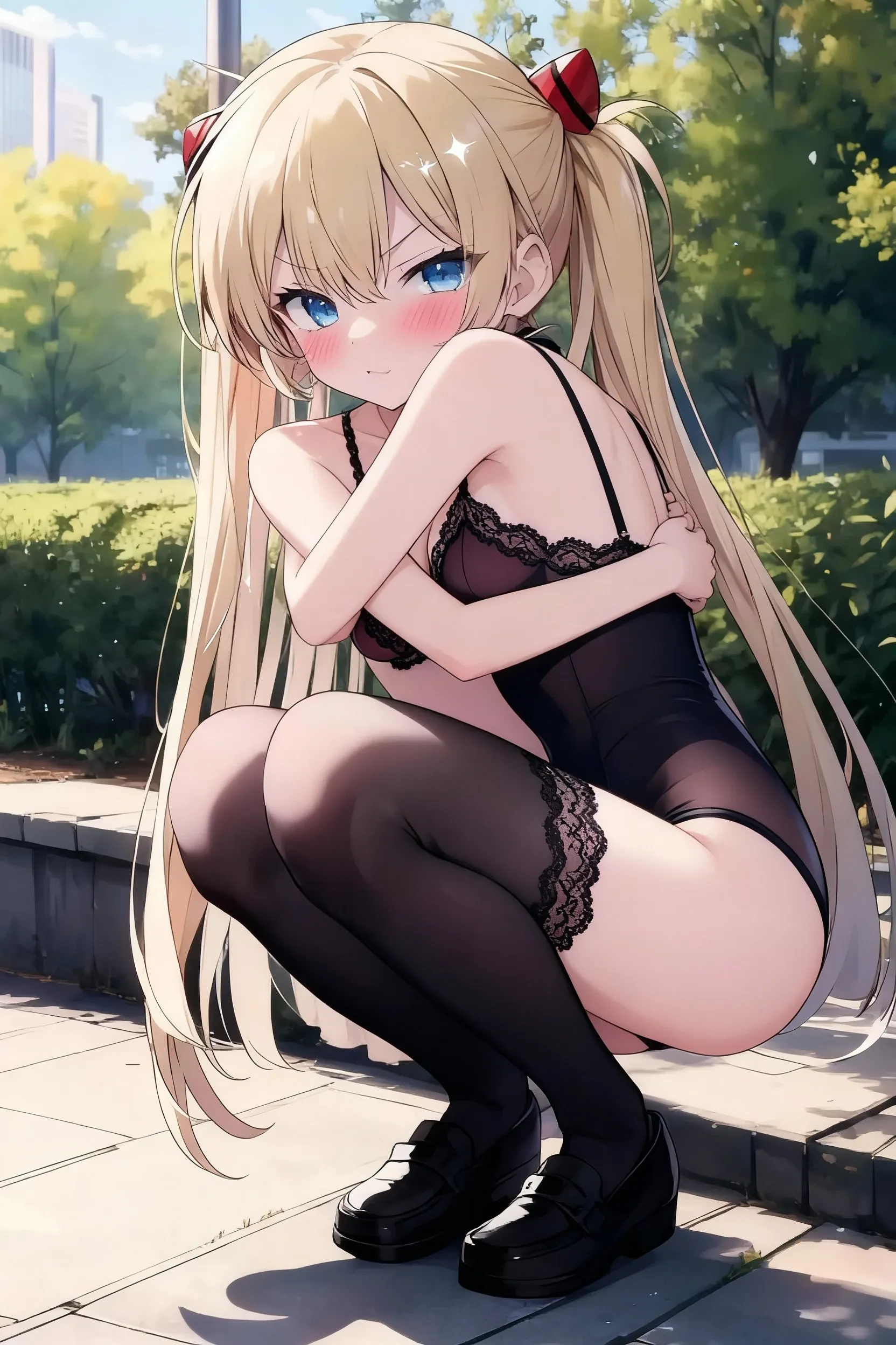 NSFW,(pale illustration,anime illustrations:1.2),(masterpiece, highest quality, so beautiful, Super detailed),textured skin, high details,8k,gleaming skin,pale outline,

(hachimiya meguru, idolmaster:1.2),gold hair,

1 girl,big breast,shorty,smile,blush,
(nude),(black thighhighs:1.2),necktie between breasts,elbow gloves,fake rabbit ears,(sitting on bench:1.2),

(full body),