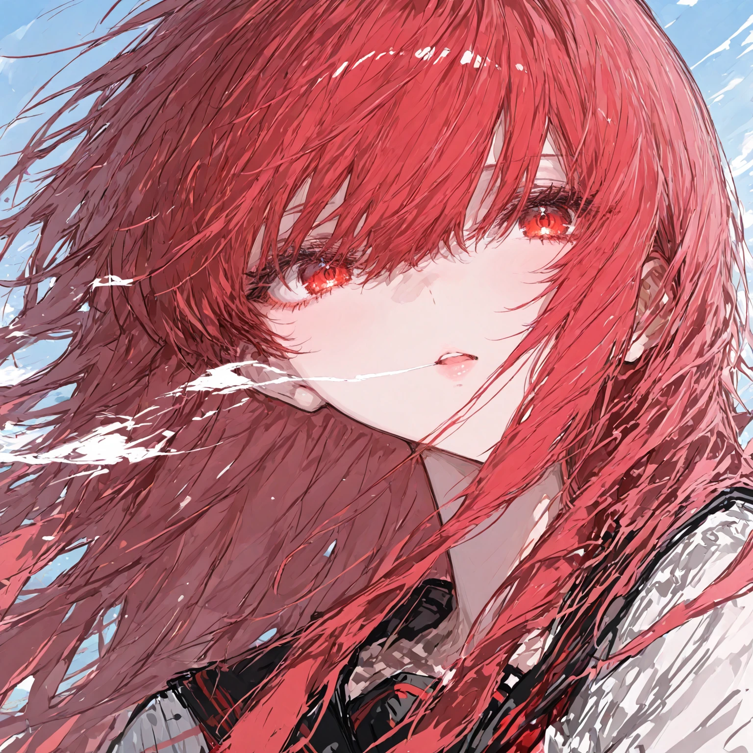 1girl,(red hair)),red eyes,萝,long hair,(loose long hair),((black cloak)),(cape hood),scarf,red moon on the sky,night,floating red flowers falling,upper body,ruins,intense shadows,ash,fire,ice,((Ink wash painting)),((ink splashing)),((color splashing)),