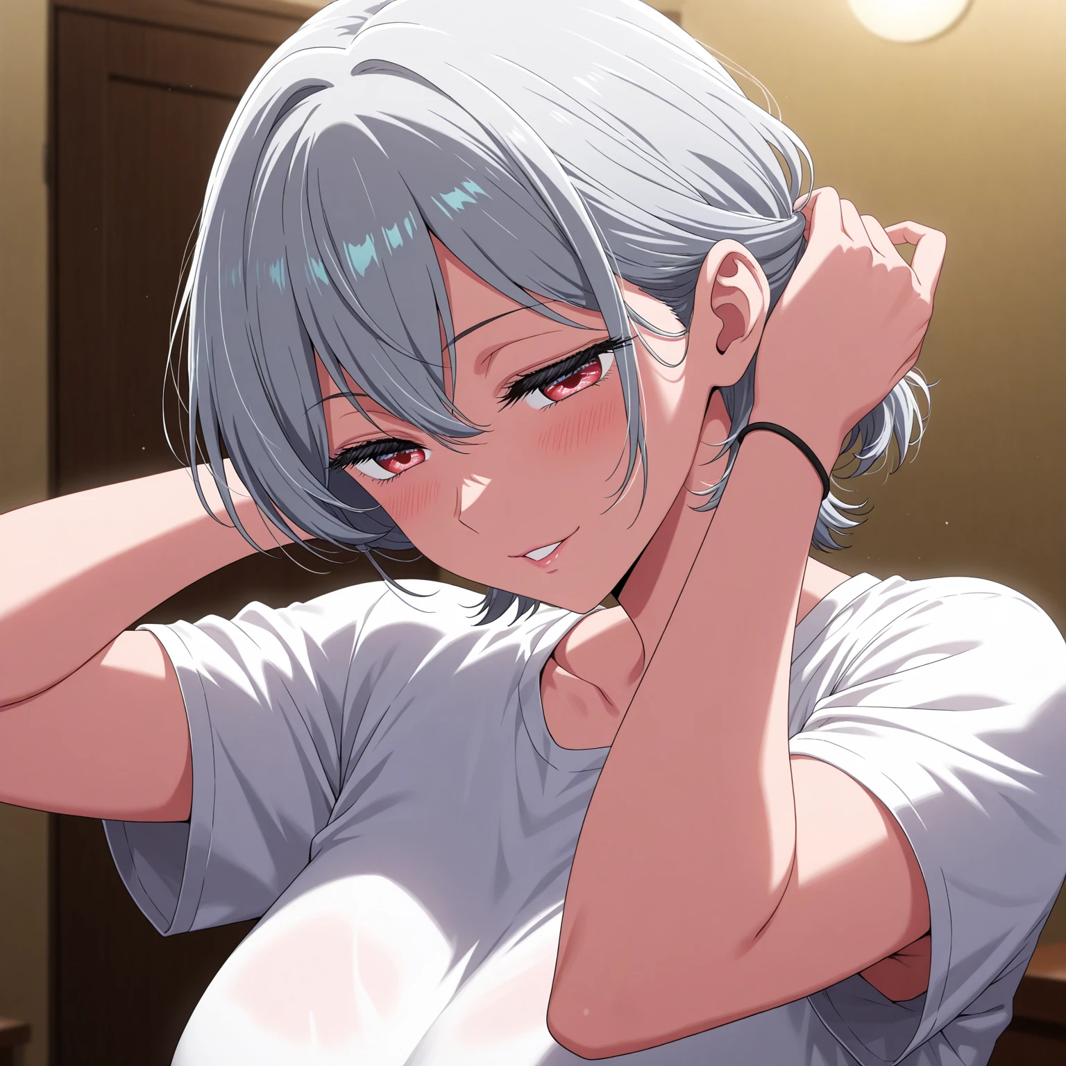 1girl, kanon kanase, blush, medium_breasts, sleeveless, cropped_tank_top, shorts, 20-year-old, healthy_skin, closed_mouth, indoors, detailed_eyes, sitting, (best_quality), warm_lighting, detailed_background, intricate_details