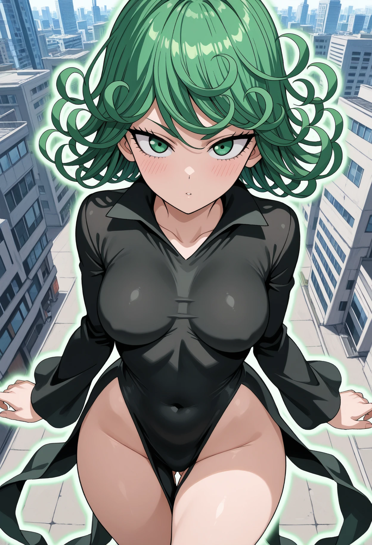 Tatsumaki , Dynamic positions have a golden part, fragile physique, Street, floats in the air, close up portrait, stands leaning towards the floor, beautiful , White Nurse's Coat, Short skirt, breasts fall out from under the robe, leans forward,  very , arches his back, Portrait of a girl, standing in a sexy pose, leans forward, beautiful фигура, buttocks, beautiful грудь, very sexy, the texture is very durable，The picture is very clear and concise，incredibly beautiful，Temperament elegant，in a spacious room, нежное выражение лица Tatsumaki из One Punch Man, short green hair, green eyes, , heels, full body view, smiling, dynamic pose, Tatsumaki из One Punch Man, short green hair, green eyes, ,dynamic view, (masterpiece, Best quality:1.2),