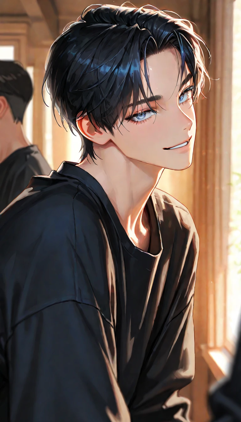 　male　20-year-old　short hair　Dark blue hair　Blue Eyes　Front view　smile　Sitting on a chair