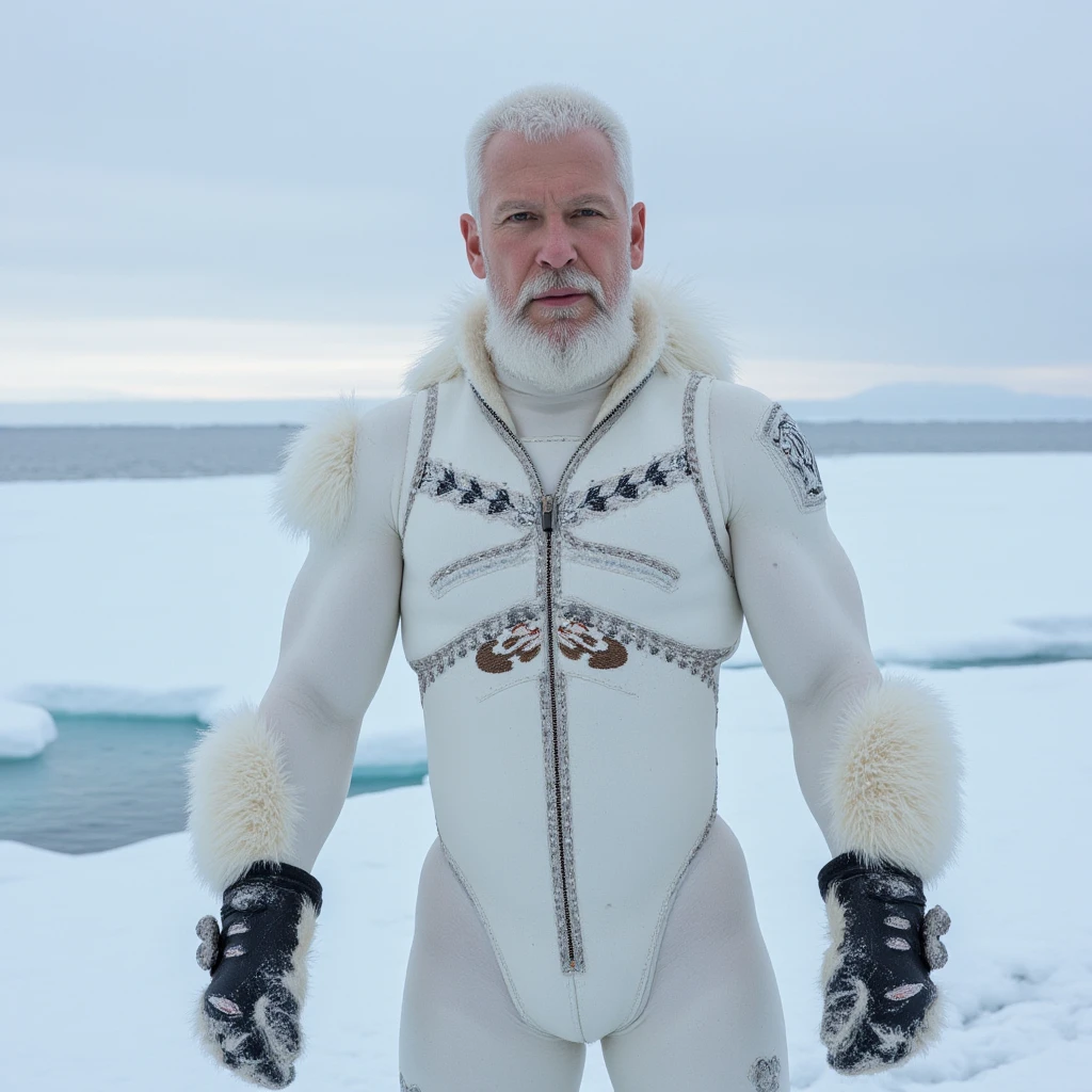 1 stocky  Russian gay is standing with his legs and thighs opened and spread in the snow with wide landscape of snowfield , 1 man only, no other people, iceblocks and icelake and snow scene, he is wearing white fur gloves, fur woolen hat to cover snow , moustache,  hair, white    highlighting big bulge and big , Wear knee-length fur shoes.,masculine and stocky, , handsome face with detailed  features,  and wearing nothing, correct accurate male ,skinny boy body, muscle body,sport body, big muscle, Handsome face, wet oiled waxy shiny greasy muscles and skin, flawless white skin, masterpiece, professional DSLR shoot and retouching, illustration art, shadow, highlight, sharpness, depth of field, dessert and Russian snow field environment, , hot gay  illustration art,  and hot