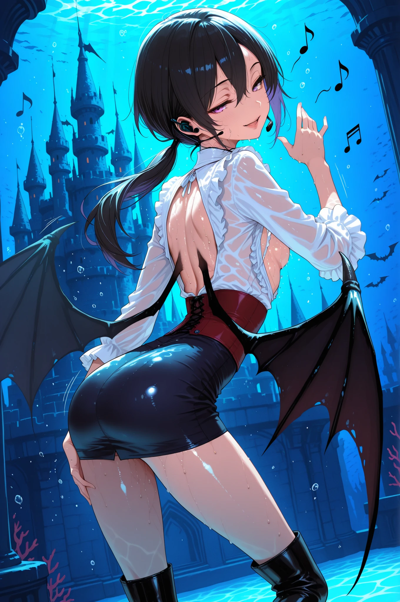 masterpiece,best quality,official art,extremely detailed CG unity,8k wallpaper,night,in the rain,absurdly long hair,light blush,,tiamat (fate),kneehighs,see-through legwear,panties under pantyhose,mary_janes,school uniform,pleated_skirt,flower ribbon,armlet,(((masterpiece)), (((best quality))),
((ultra-detailed)), (illustration), (1 girl), (solo),(detailed glow),((beautiful detailed water)),((an extremely delicate and beautiful)),
((flying splashes)),water effect,(waterspout),
tsunami,(dynamic angle), (black hair),
short hair,brown eyes,translucent,((pleated skirt)),bowties,ribbons, buttons,top sleeves, shoulders,((anime screeshot)),
(underwater),(wet),((in the rain)),(beautiful detailed eyes), blunt bangs, hairs between eyes, (small ), (close to viewer), sharp focus,center frame