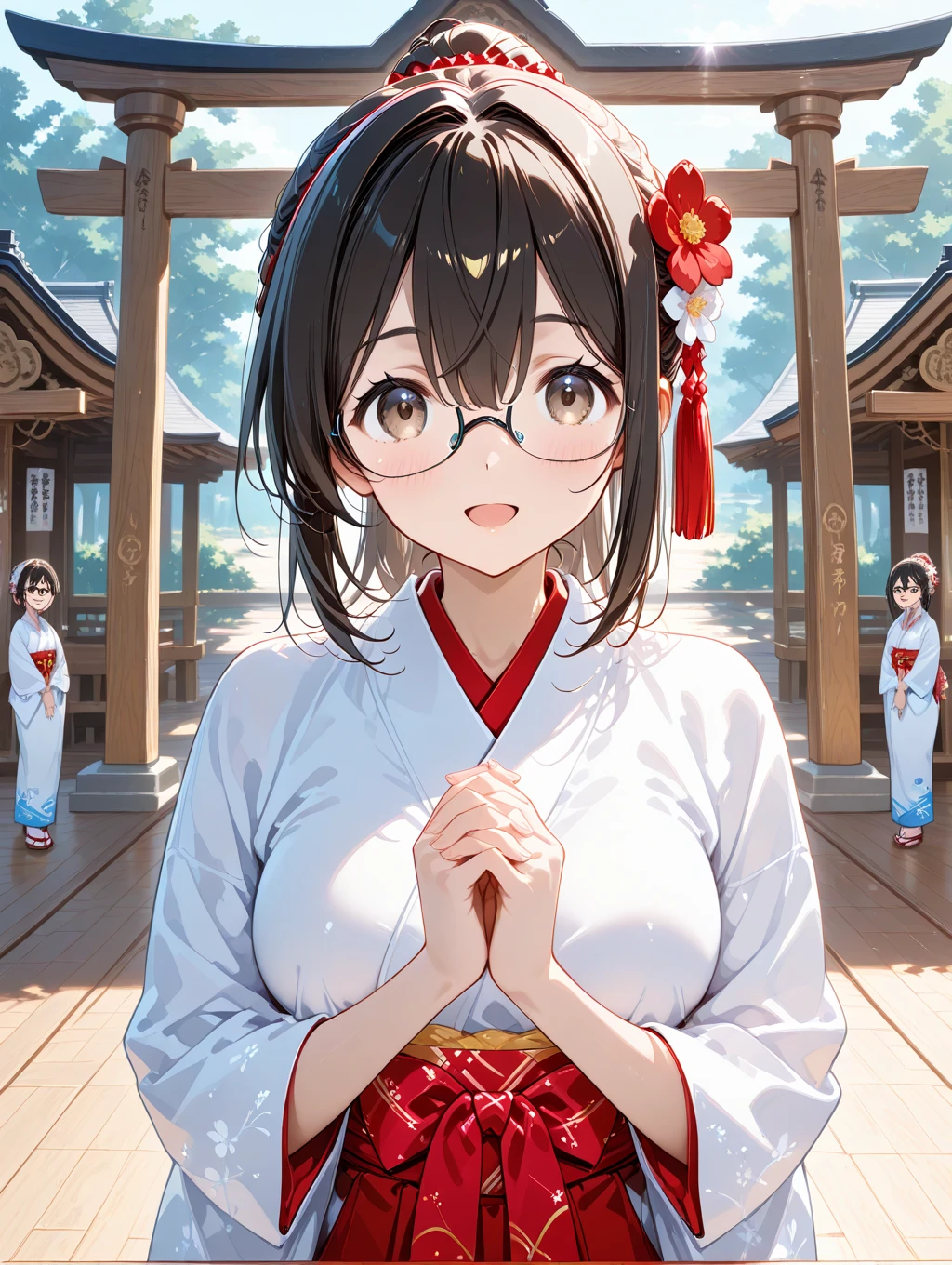 Black hair, glasses, Japanese shrine, worship