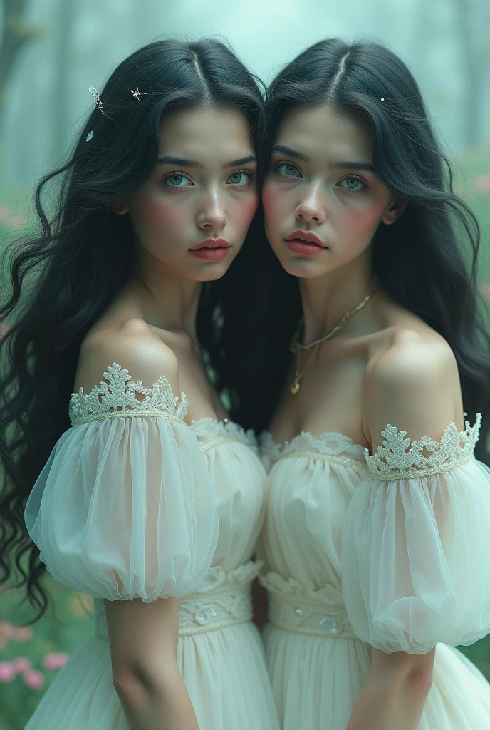 best quality, 2heads:1.5) black-haired girl with two heads , (black haircolor:1.3), floral bikini, (closeup), looking at viewer, very straight hair, extremely long hair,