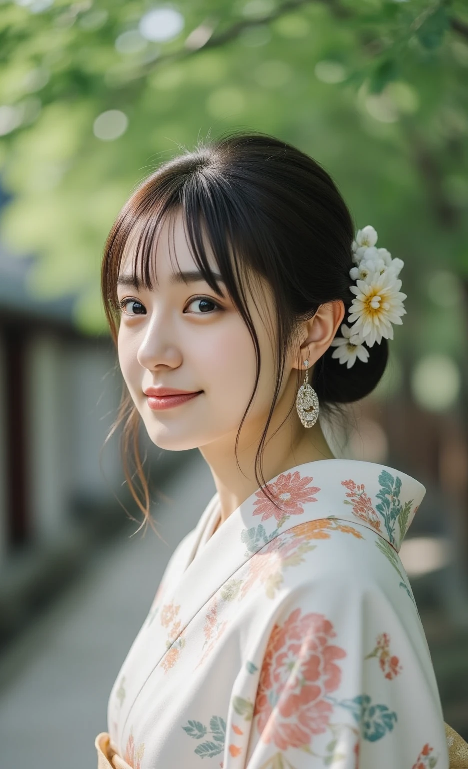 1 Japanese girl, (Looking at Viewer
:1.4), (upper body shot:1.2), Beautifully detailed eyeballs, catchlight in the eyes, Realistic digital painting of a woman portrait, Shy,  Cute,  happy smile, brown eyes,  (half updo,:1.1), (light brown brunette hair:1.3), (Highly detailed skin:1.2), Mystical style, Global Illumination, Traditional Japanese　floral printed Kimono, A silk kimono with pink base. A garden with many blooming hydrangeas