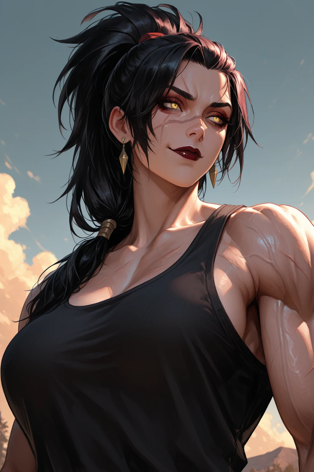 ((1girl bodybuilder glowing eyes)) pale skin black hair very long hair yellow eyes large  long midriff close up