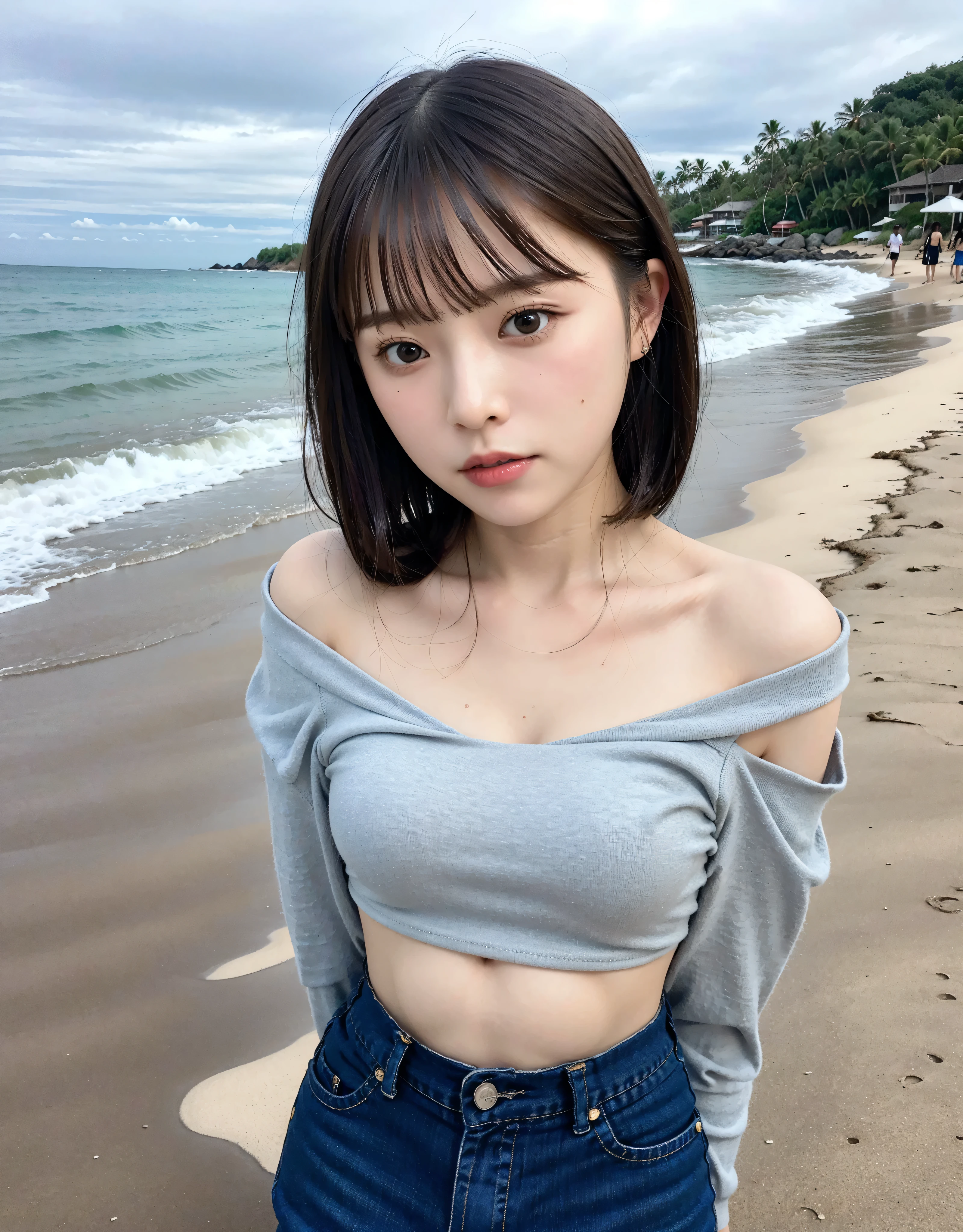 Best quality，Ultra-high resolution，（lifelike：1.4），Cute hairpin，1girll，Long curly hair，jk，Blush，Slim beauty：1.4，Visible abdominal muscles，on the beach，Ultra-fine face，Exquisite eyes，Double eyelids，necklace