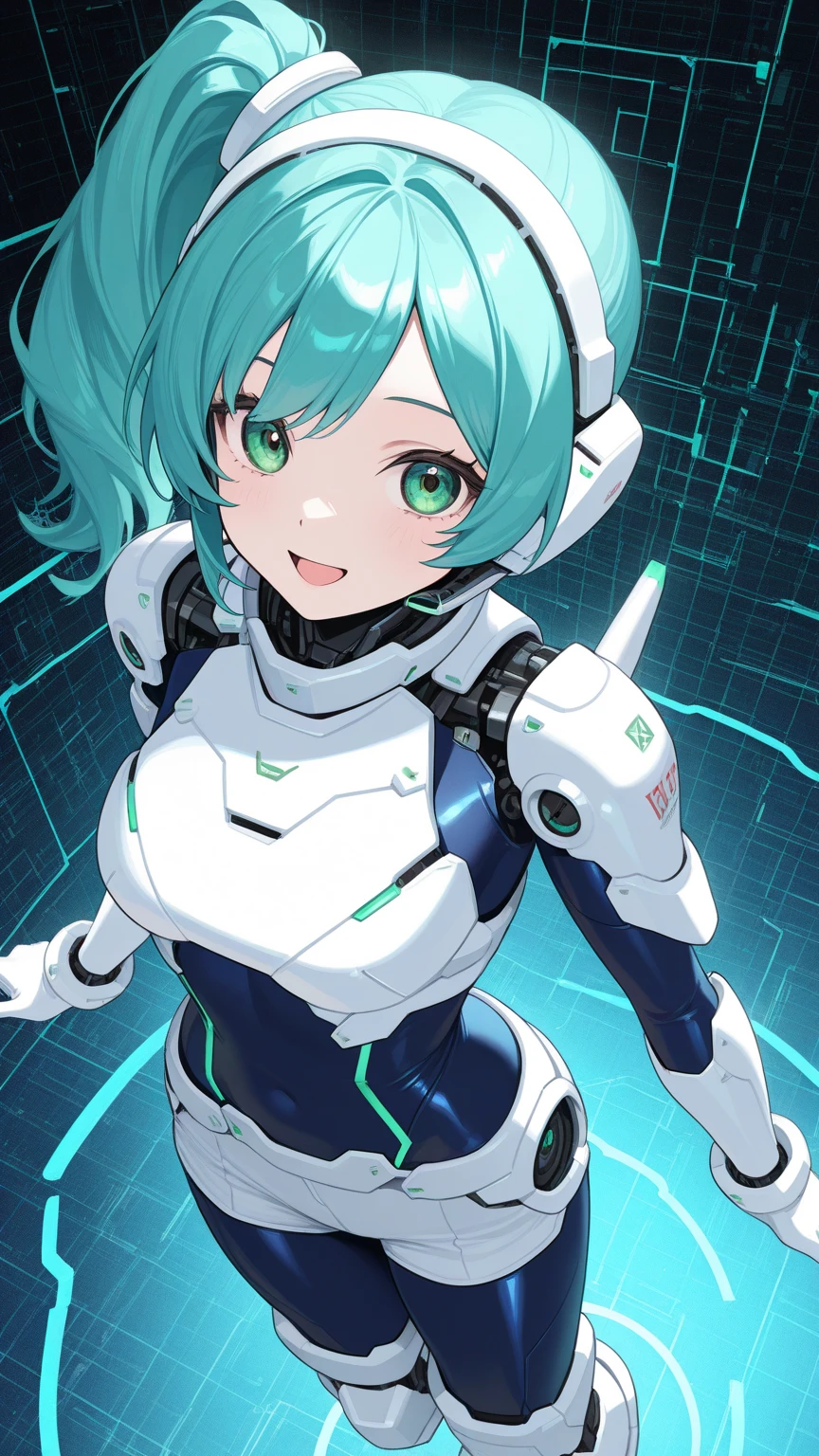  a sexy elite girl, beautiful, tall, wavy light blue hair, short cut, short forehead, her soft green eye, purple eyelashes, she wears a robotic metallic top, a military ship's aerial suit and pants, a gray military aerial suit's armor, black gloves, her hand, her back, her elite wing position. 