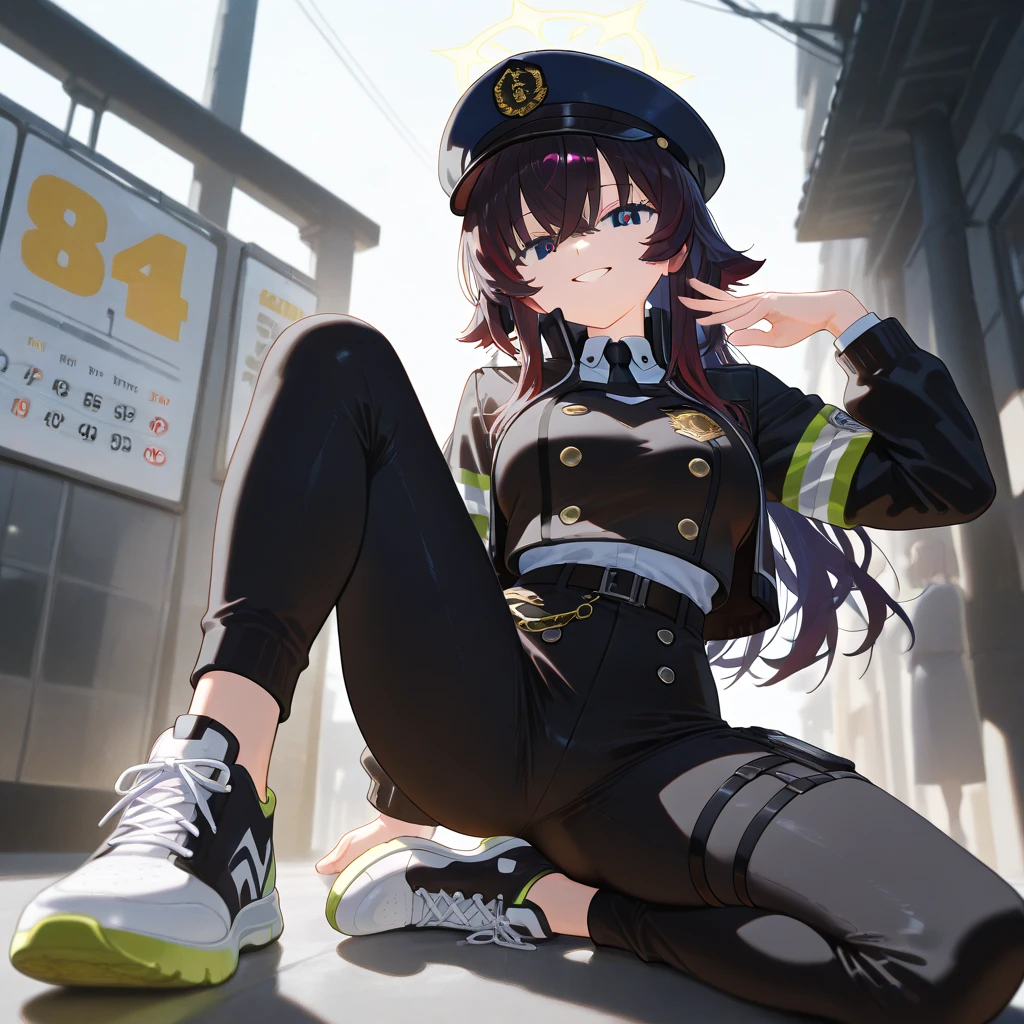 ，Clouds， view over city， mountain ranges， Masterpiece, Best quality, Highly detailed,Masterpiece,Best quality,offcial art,Extremely detailed Cg Unity 8K wallpaper，{{{}}}，Giant，1girll，modern miniature city，Peeing，No shoes，{Black stockings}，Black jacket with white shirt ，Blue tie，Dark gray hair，Wolf ears，Light red eyes，A cold expression，Squat，Be red in the face，Comfortable expression，，，，Nourishes ， ， emits steam，Squat in modern miniature cities to  ，Tail，soaking feet，Contact viewers，white  ，The feet emit steam，Smash the city，The city is full of ，