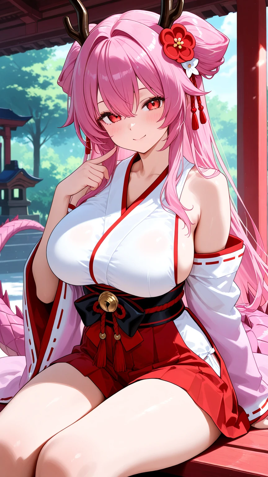 1 girl, game CG, pink kimono, hair ornament, ????????????????, pink hair, long hair, straight hair, ahoge, pink eyes, smile, Japanese shrine, dynamic, open mouth, reach out,