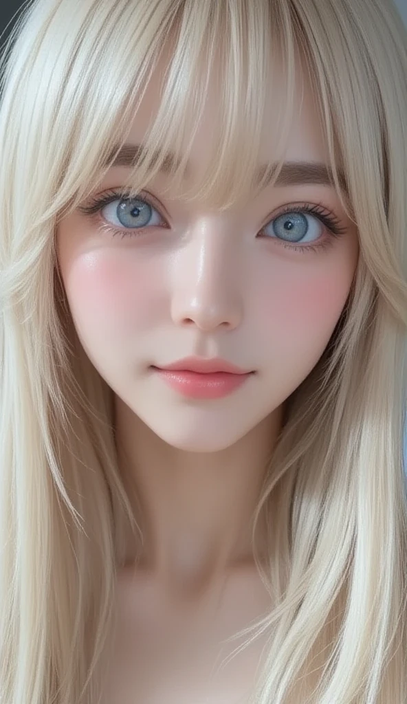 A perfectly beautiful face、Super long messy silky beautiful blonde、Beautiful cute girl 15 years old、Sexy and very beautiful cute face、Beautiful cute sexy bright pale sky blue big eyes、Long beautiful bangs、Very super long beautiful blonde shiny silky hair、Very white skin、Cheek gloss、Glossy skin、eyeliner、A peerless beauty、Hair above the eyes、片Hair above the eyes、Hair between the eyes、