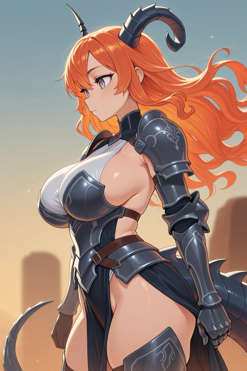 1girl,solo,super detailed skin,shiny skin,oily skin,natural face,eyelashes,gleaming lips,orange hair,blunt bangs,low-tied hair ,large breasts,knight armor ,asymmetry armor ,vinyl suit,open stance,long sword ,simple background,masterpiece,best quality,ultra detailed,high resolution,sharp focus,depth of field