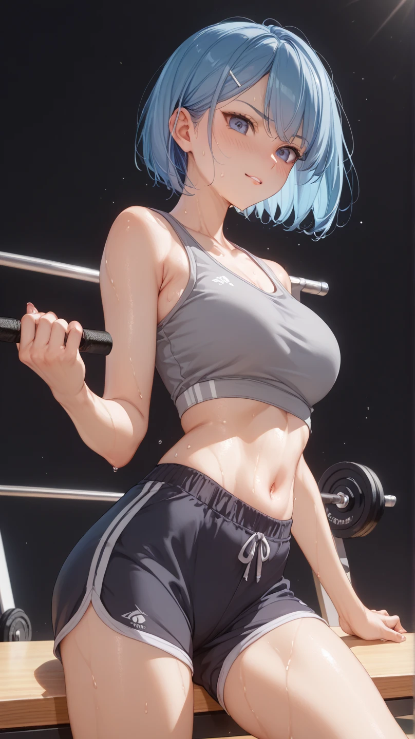 High resolution, Highest quality,  super high quality, Ultra-detailed, Cinematic lighting、(の:1.5)、squat、woman 、(Gym clothes made of thin, transparent fabric:1.5)、Bobcut、White Hair、Blue eyes、Beautiful Skin、Beautiful Face、Embarrassing、Beautiful Eyes、Sweaty、Sweat、、完璧な、
